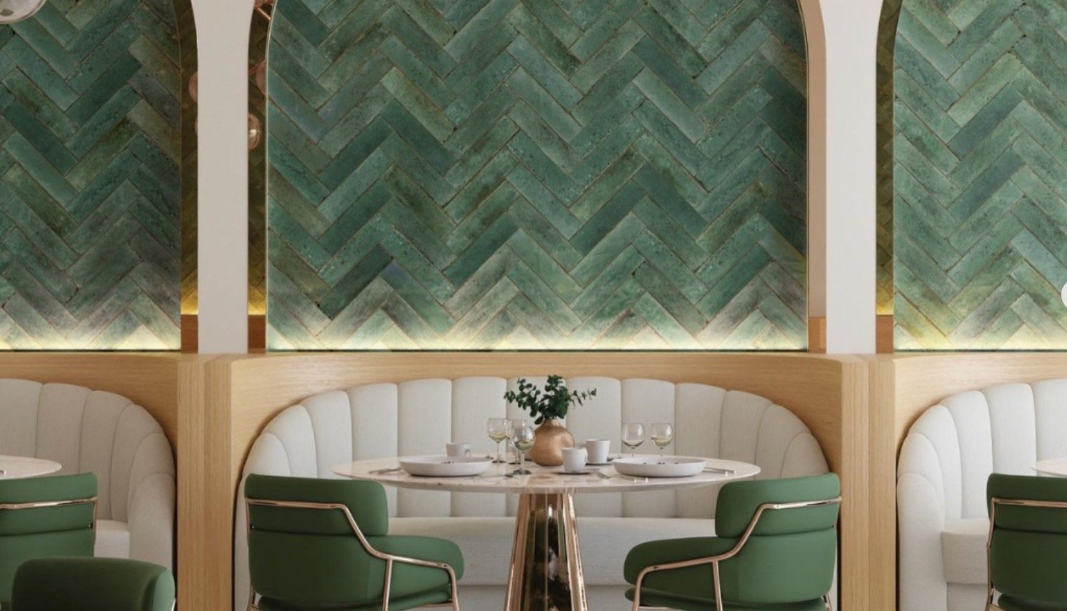 Muro de mosaico verde en espiga de Dune