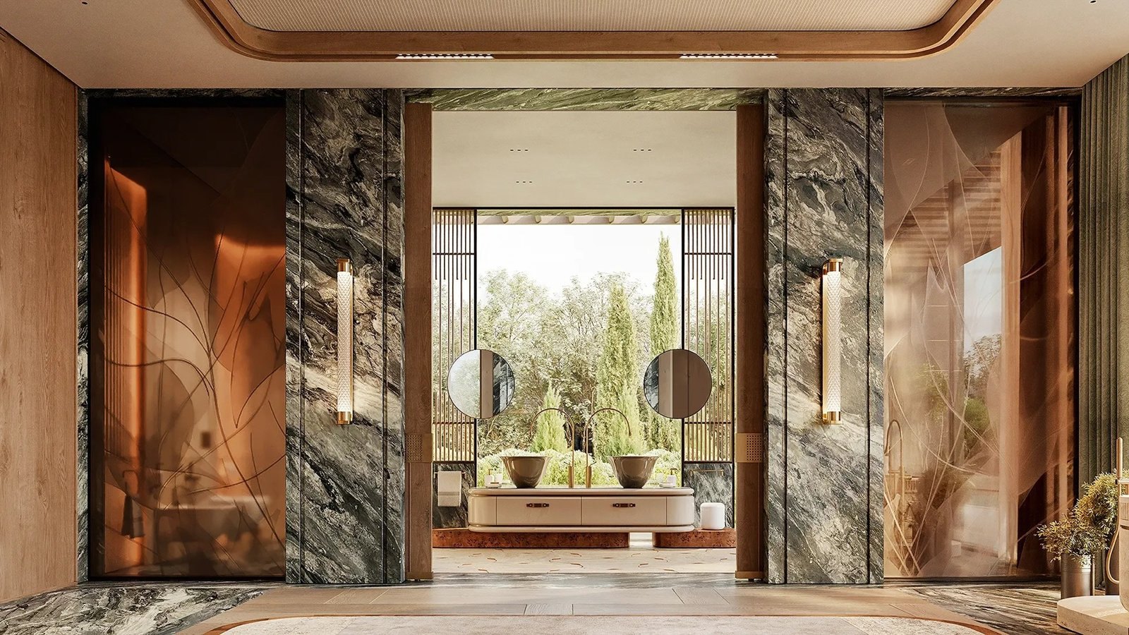 Baño de mármol con grifería Gessi